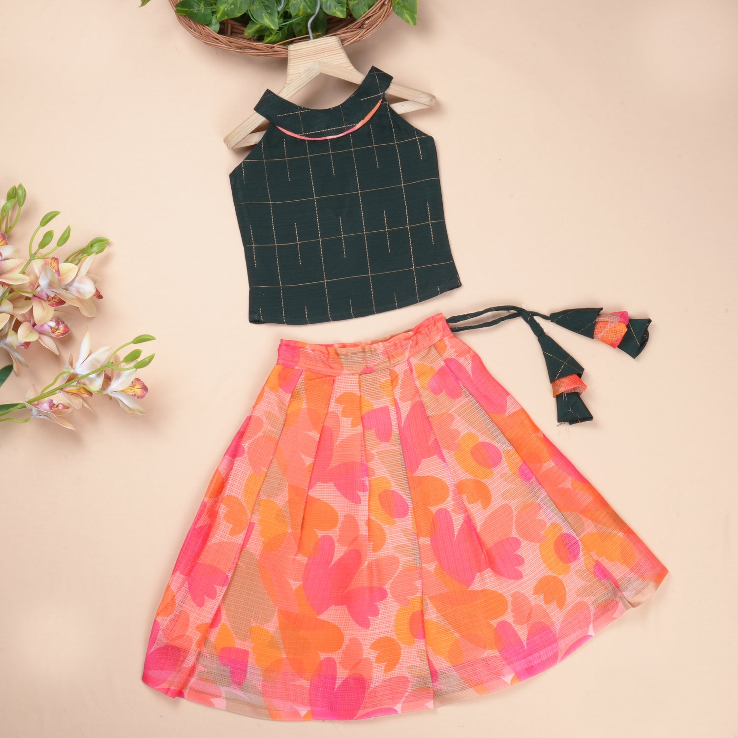 Girls Raw Silk & Kota Cotton Skirt Set