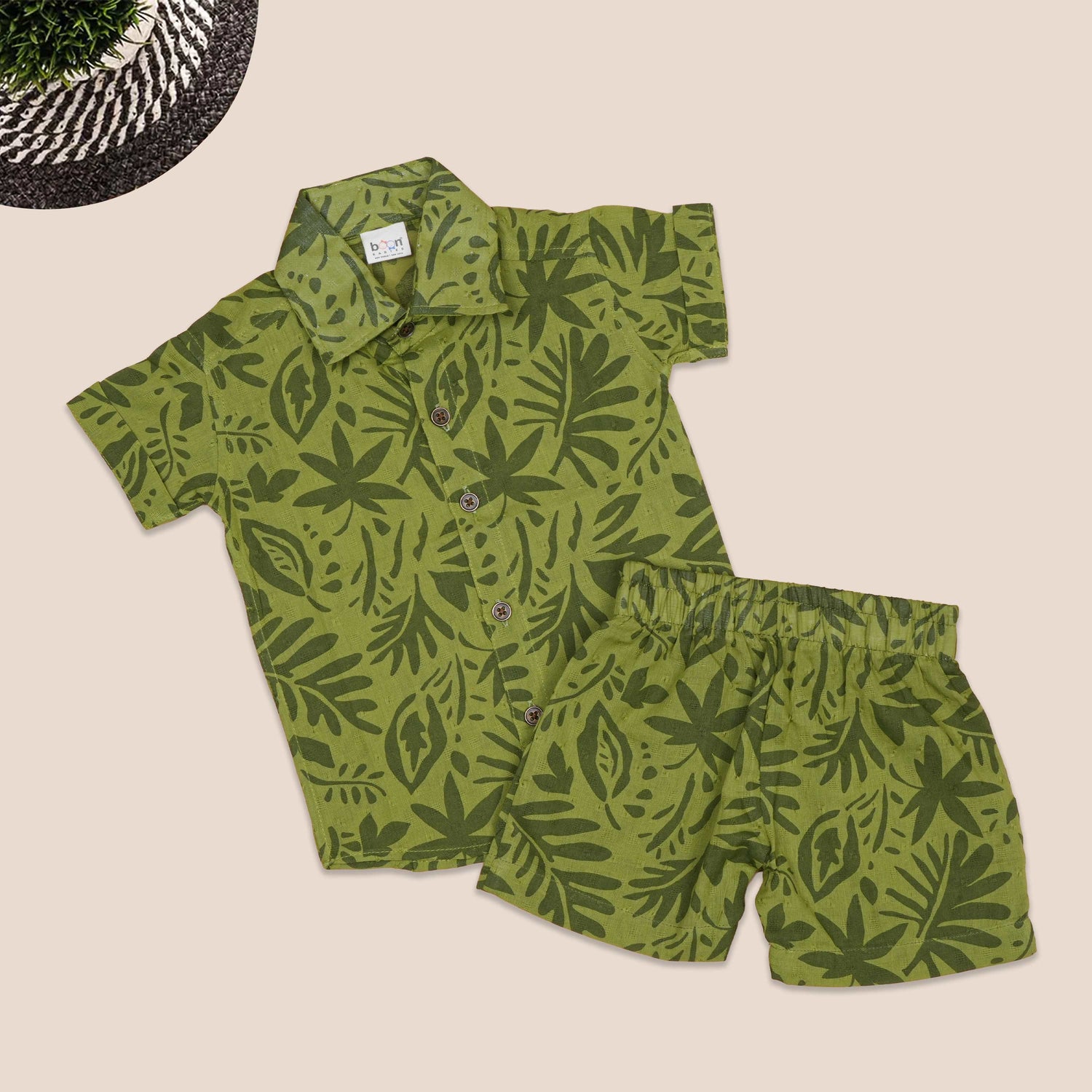 Nature-inspired cotton shirt and shorts co-ord set for boys—soft, breathable, and perfect for casual outdoor wear.