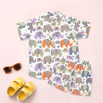 Elephant print boys co-ord set by Boon Babies with a printed shirt and shorts featuring a Chinese collar, soft cotton summer wear.