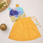 Girls floral printed ethnic top and mustard pleated skirt set by Boon Babies, featuring colorful floral patterns and pleated fabric.