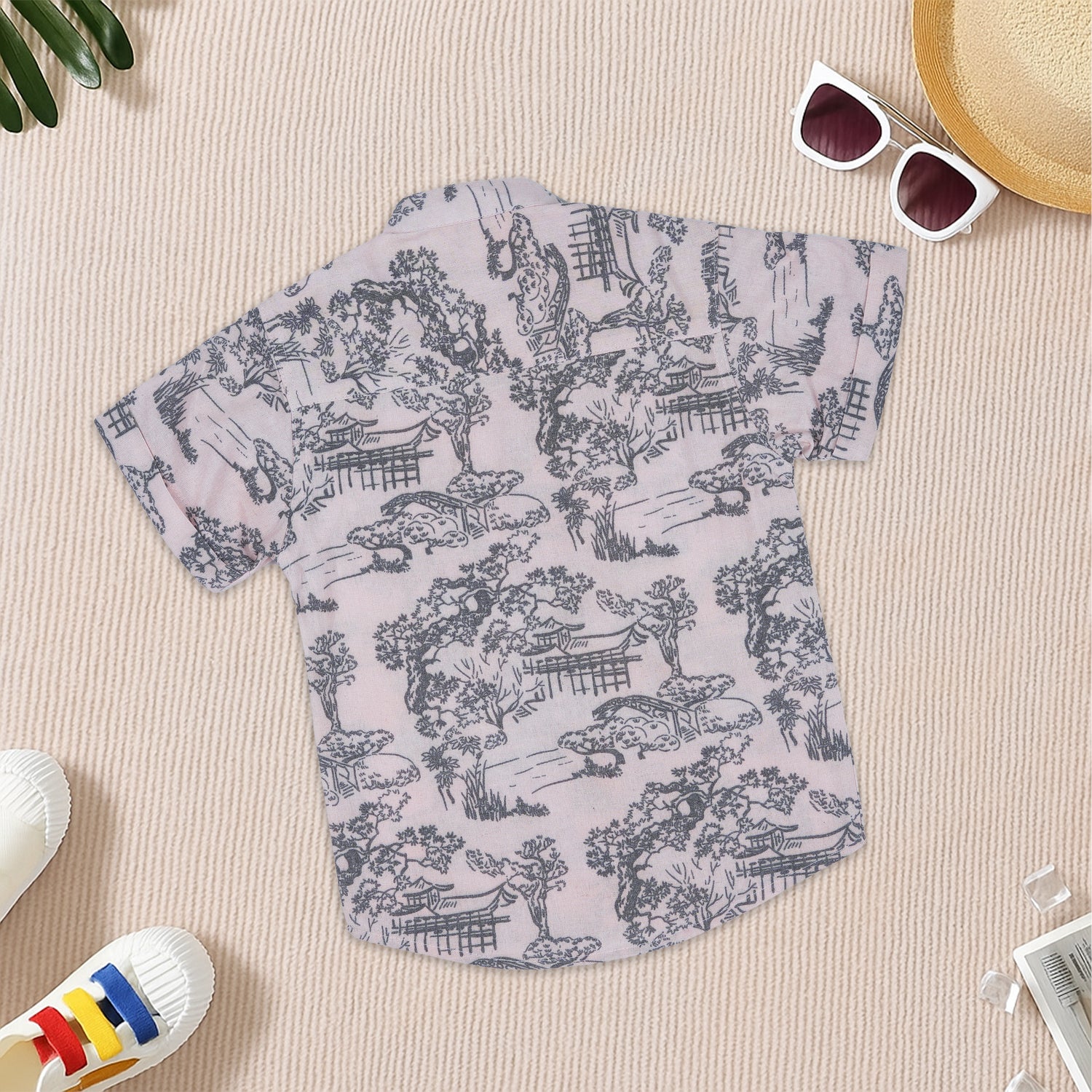 Boys Cotton Mandarin Collar Scenic Printed Shirt