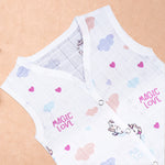 Soft, breathable printed sleeveless muslin jabla for babies 0-12 months by Boon Babies, featuring colorful print and lightweight fabric.