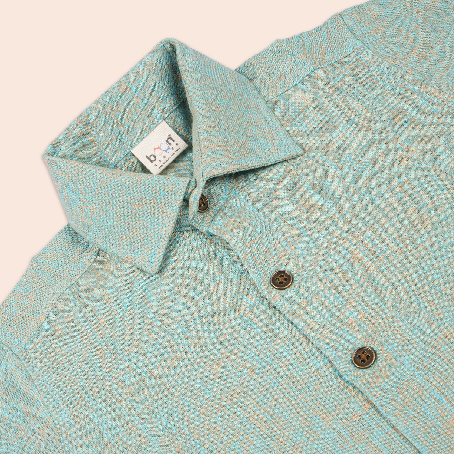 Boys cotton printed shirt with straight collar by Boon Babies, featuring colorful pattern and button front for casual wear.