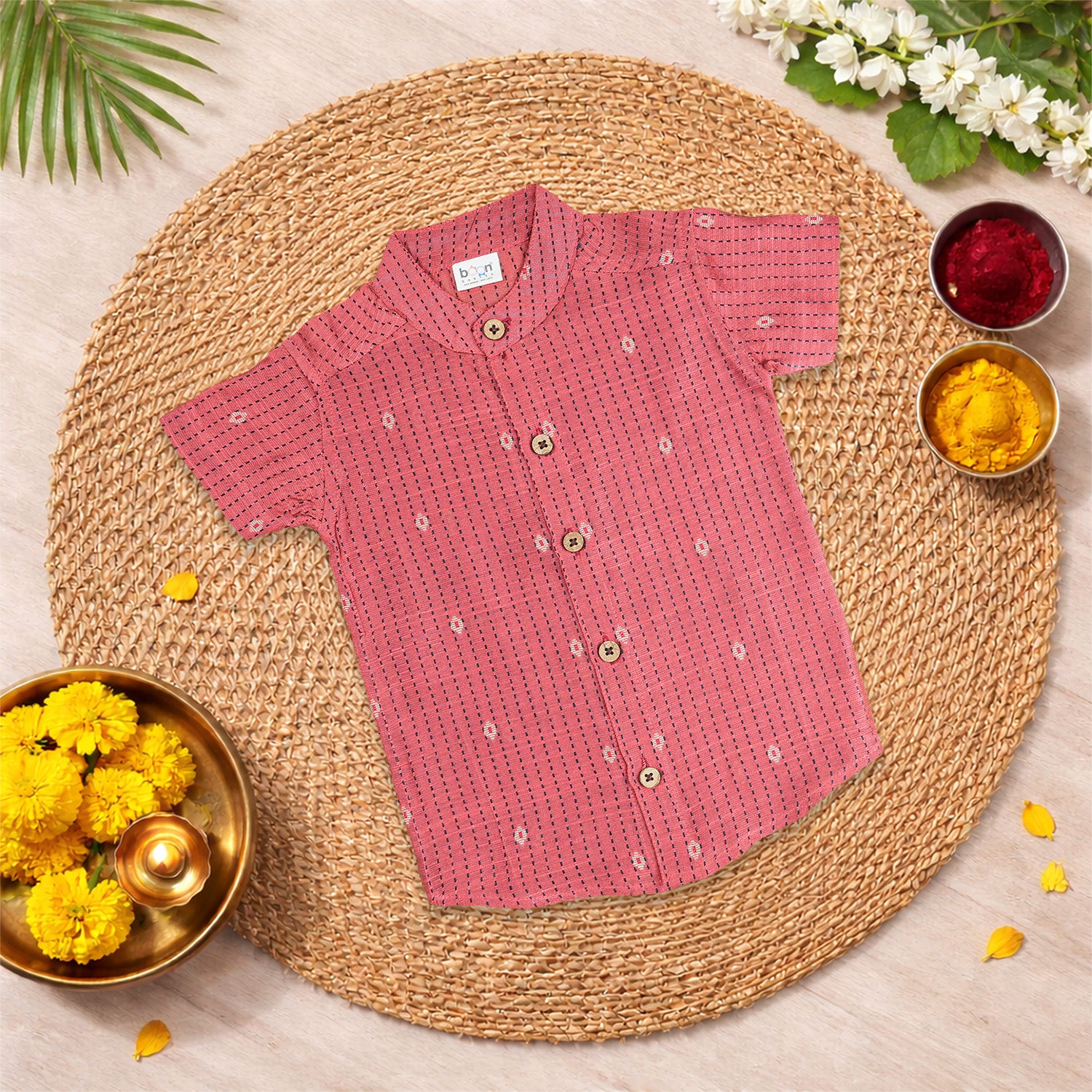 Elegant pink silk cotton shirt paired with classic dhoti—perfect for festive and traditional occasions.