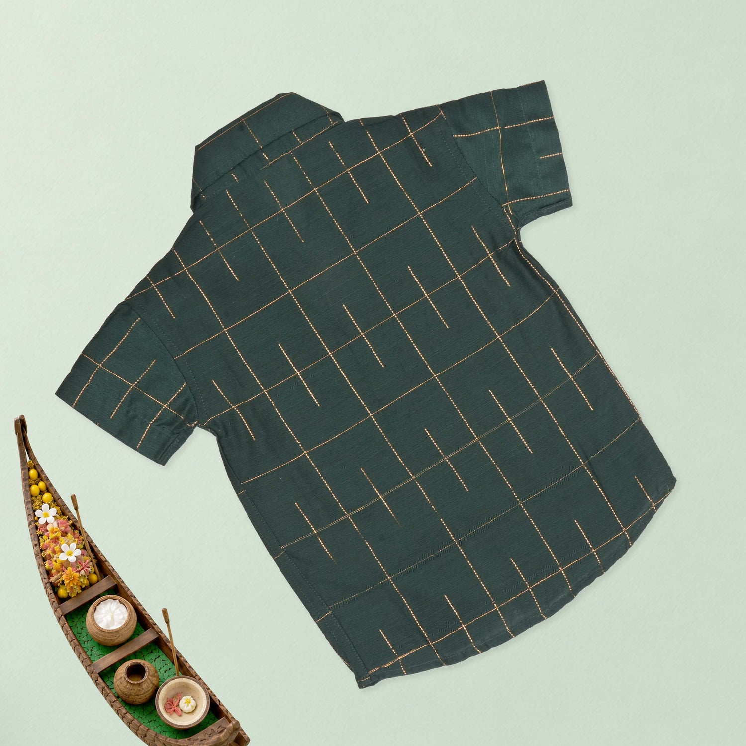 Boys Bottle Green Silk Drop Line Shirt & Dhoti Ethnic Set
