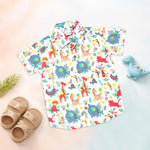 Boon Babies Jaipur cotton jungle animal print shirt and shorts set for kids, featuring a straight collar and vibrant jungle pattern.