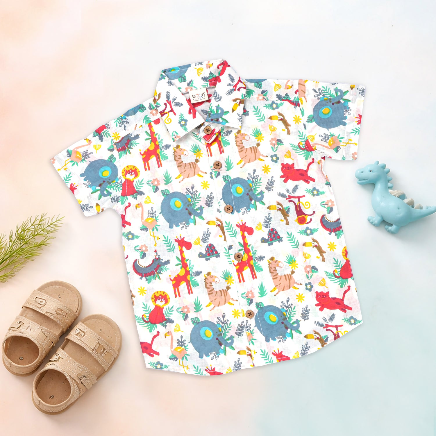 Boon Babies Jaipur cotton jungle animal print shirt and shorts set for kids, featuring a straight collar and vibrant jungle pattern.