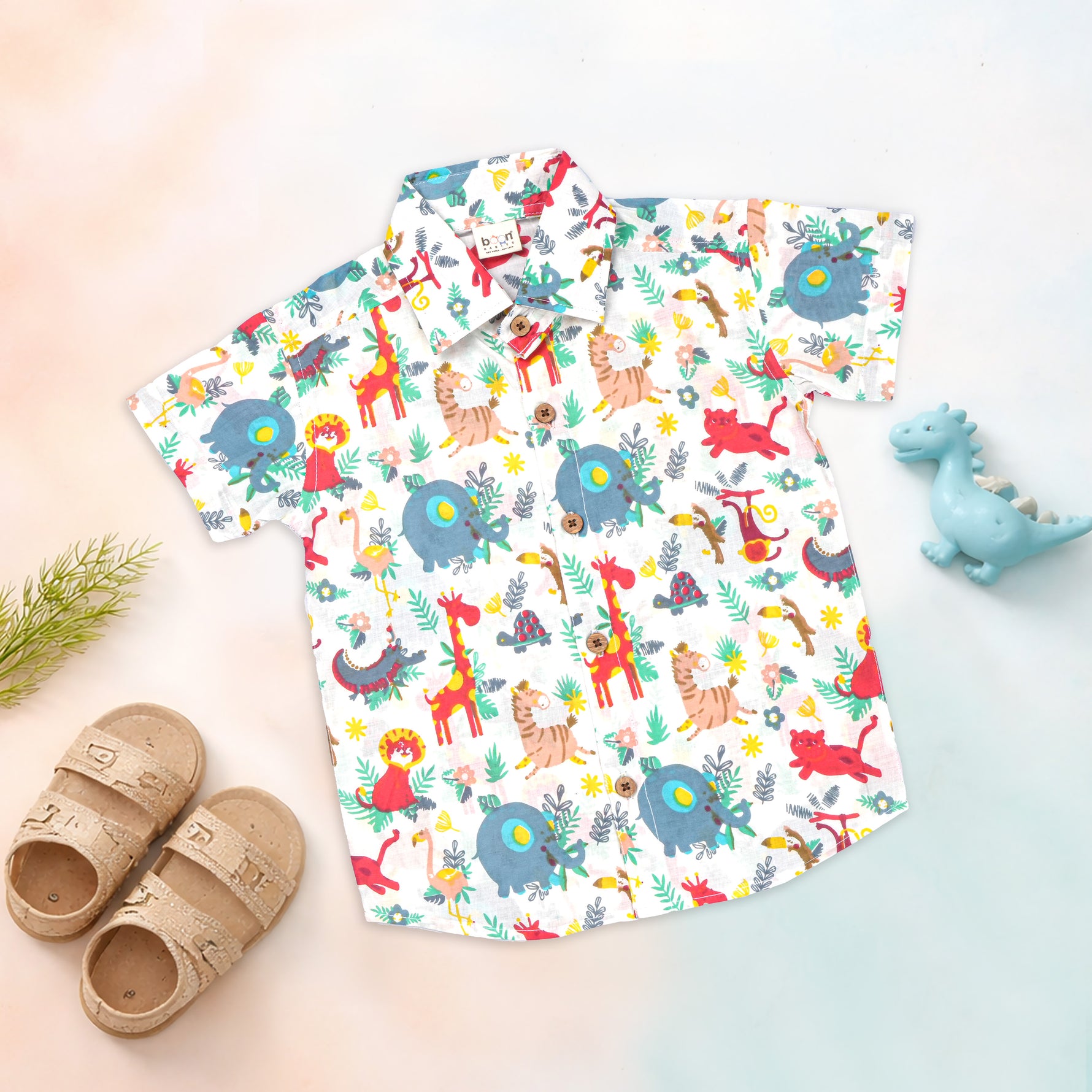 Boon Babies Jaipur cotton jungle animal print shirt and shorts set for kids, featuring a straight collar and vibrant jungle pattern.