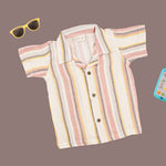 Boys pastel stripe cotton open collar shirt and matching shorts set by Boon Babies, casual summer outfit for kids.