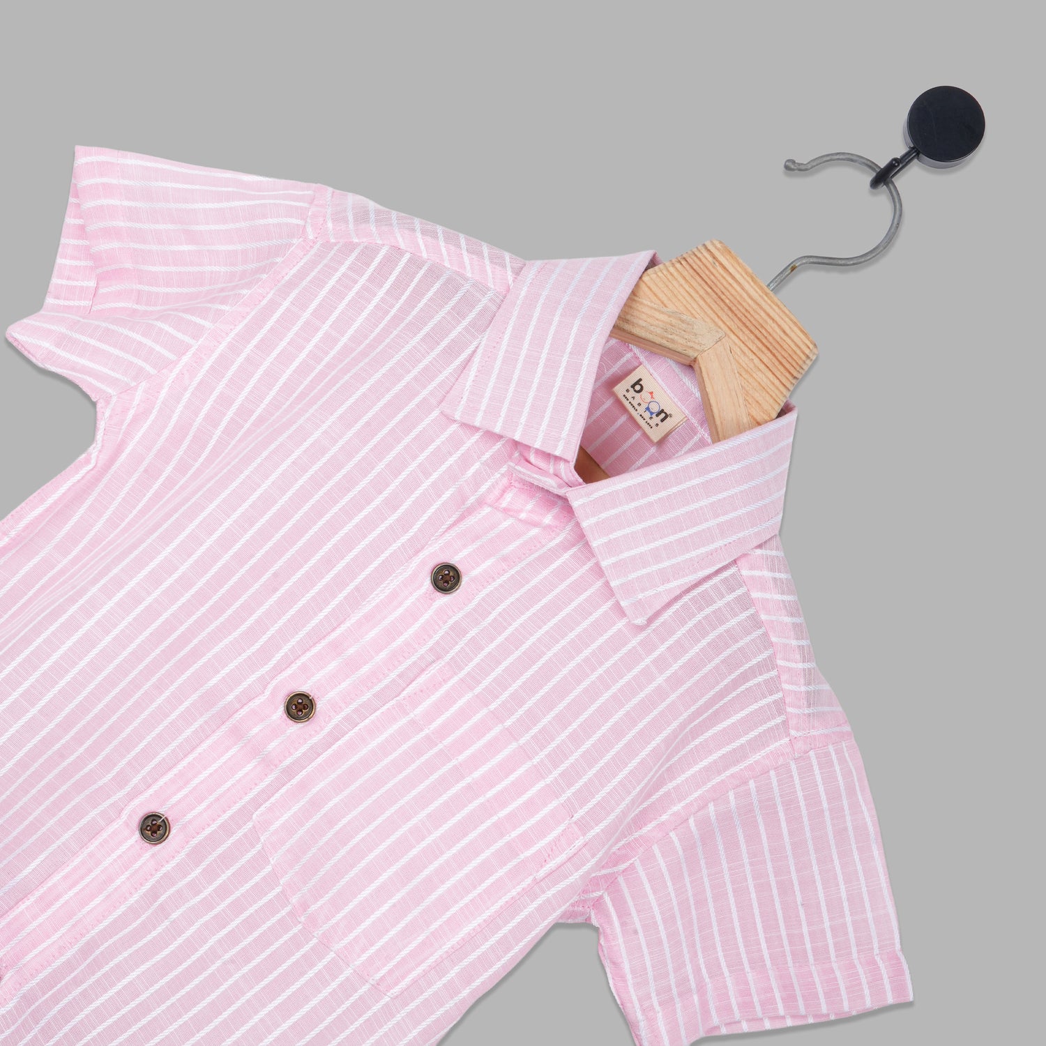 Boys Straight Collar Cotton Shirt – Pink Stripe Casual Style