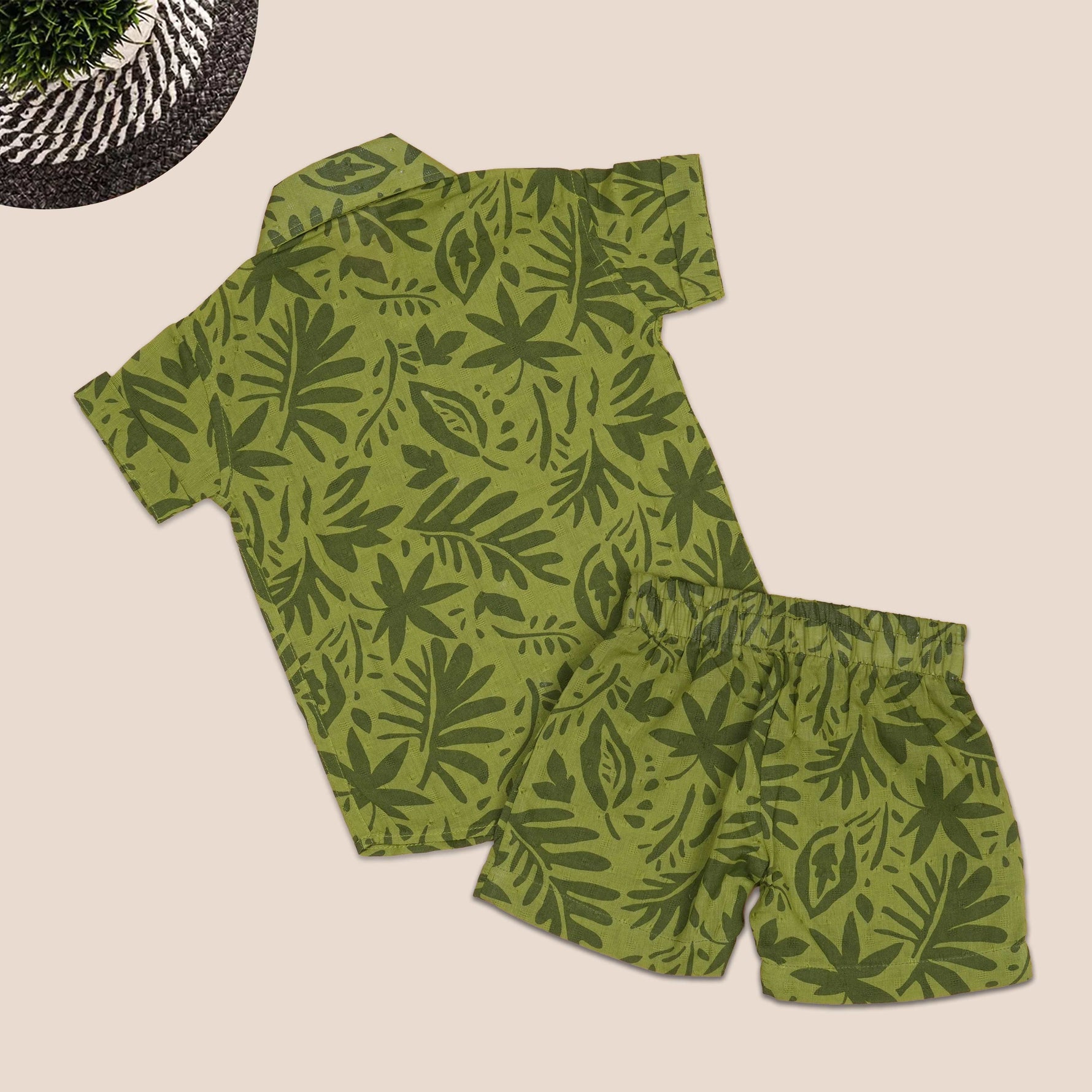 Boys Boon Babies nature vibe leaf print shirt and shorts set with straight collar, featuring green and white leaf patterns.