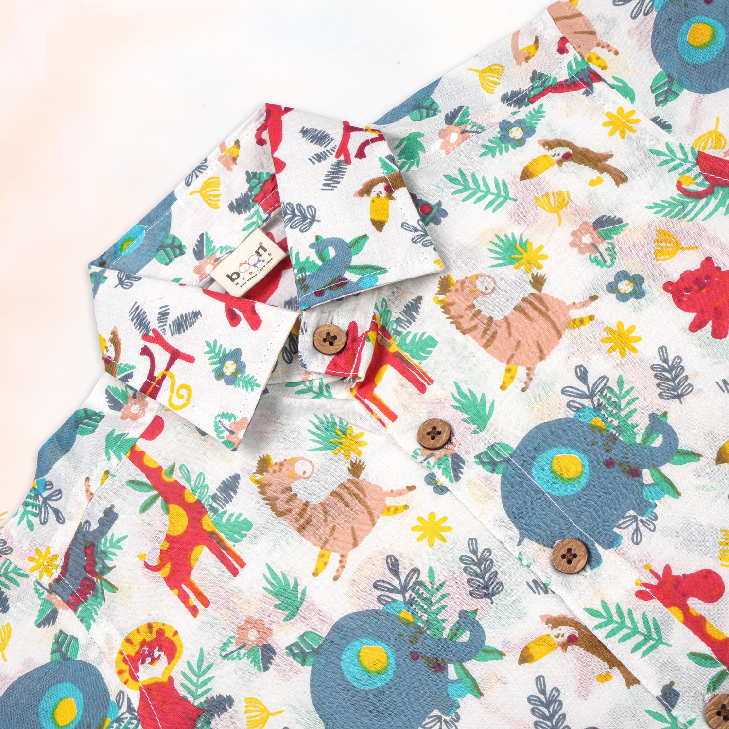 Pink Jaipur cotton jungle animal print shirt and shorts set for kids by Boon Babies, featuring a straight collar and summer style.