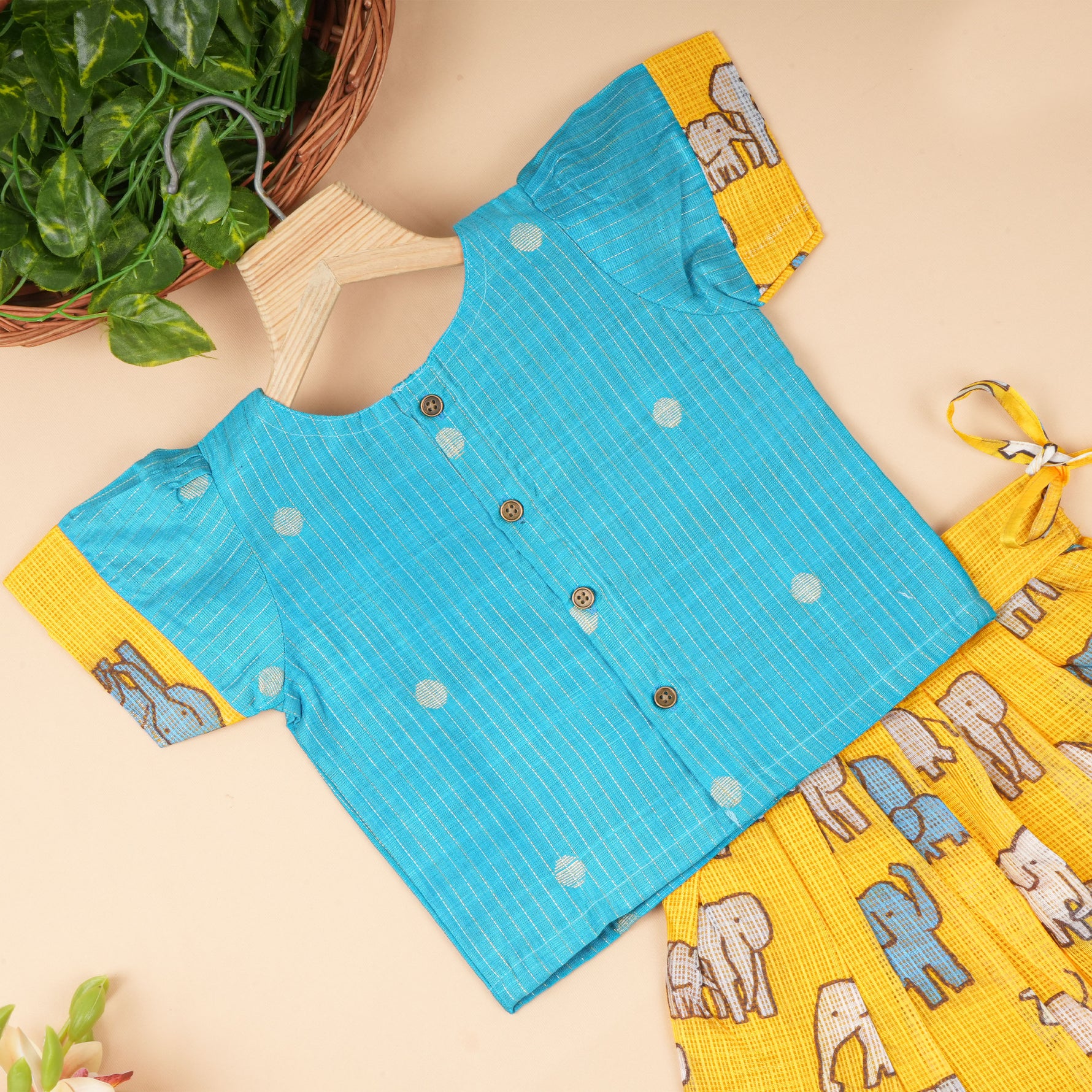 Boon Babies ethnic top and skirt set for babies featuring an elephant charm, colorful and traditional style.