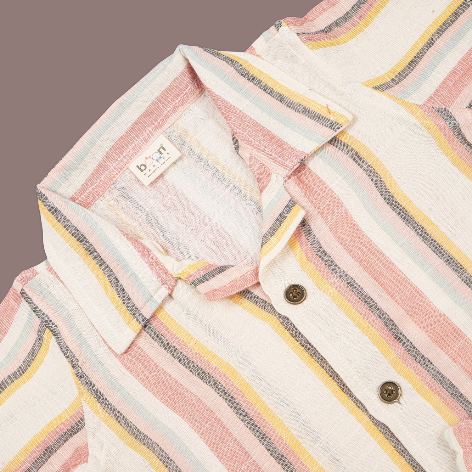 Boys pastel stripe cotton open collar shirt and shorts set by Boon Babies, featuring a printed design and comfortable fit.