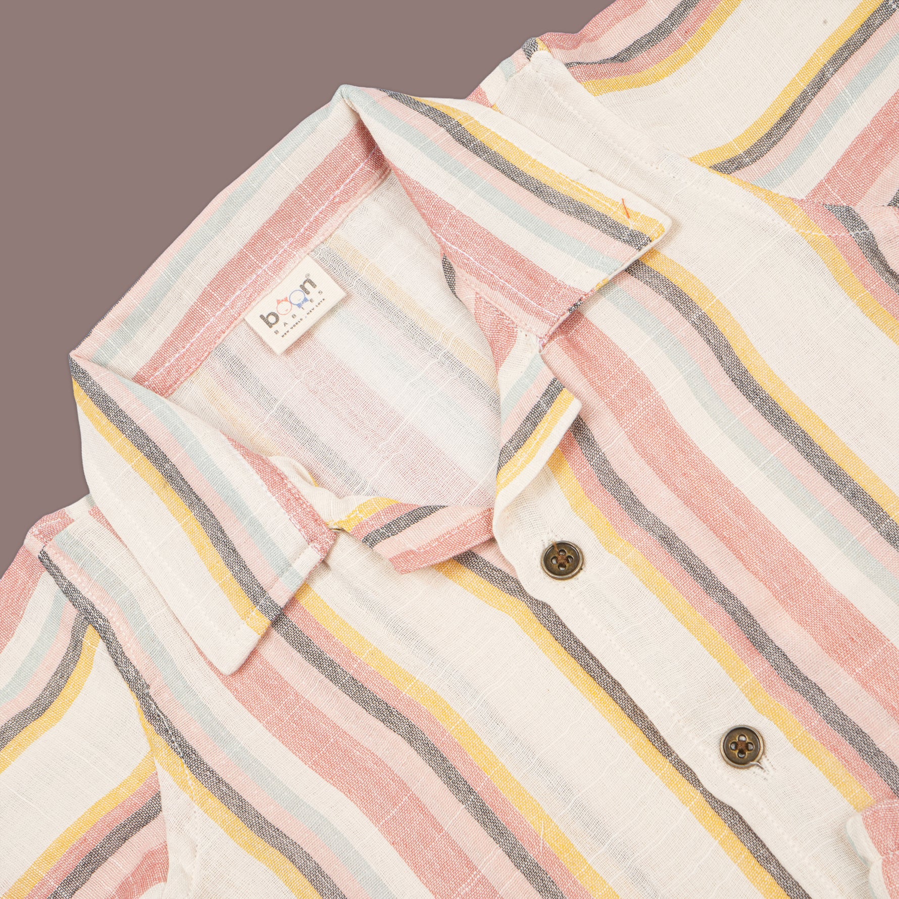 Boys pastel stripe cotton open collar shirt and shorts set by Boon Babies, featuring a printed design and comfortable fit.