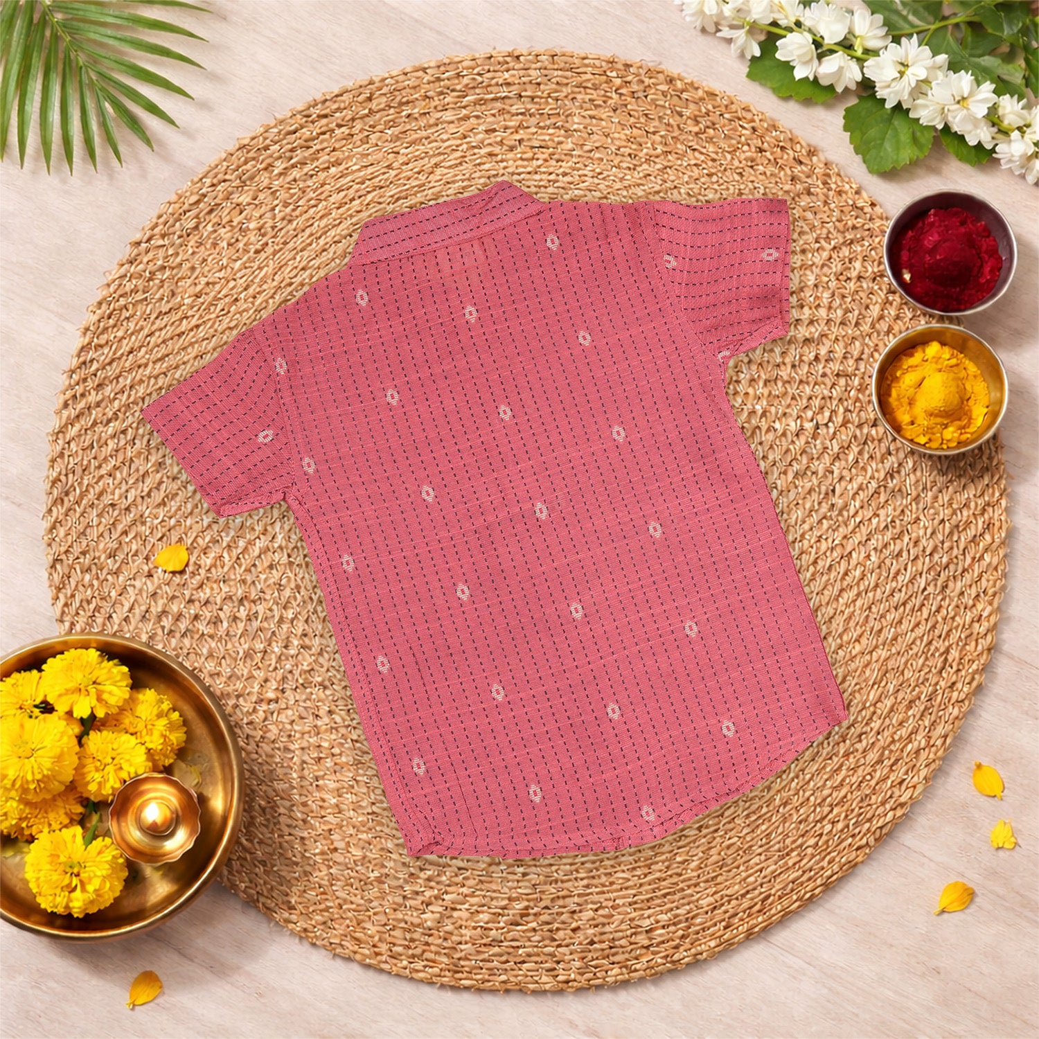 Elegant pink silk cotton shirt paired with classic dhoti—perfect for festive and traditional occasions.