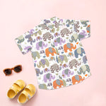 Elephant print boys co-ord set by Boon Babies with cotton shirt and shorts, featuring a Chinese collar, suitable for ages 6 months to 5 years.