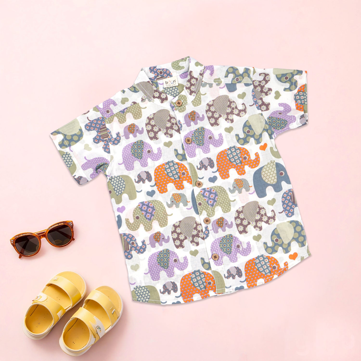 Elephant print boys co-ord set by Boon Babies with cotton shirt and shorts, featuring a Chinese collar, suitable for ages 6 months to 5 years.