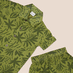Boys Boon Babies nature vibe leaf print shirt and shorts set with straight collar, featuring green and brown leaf patterns.