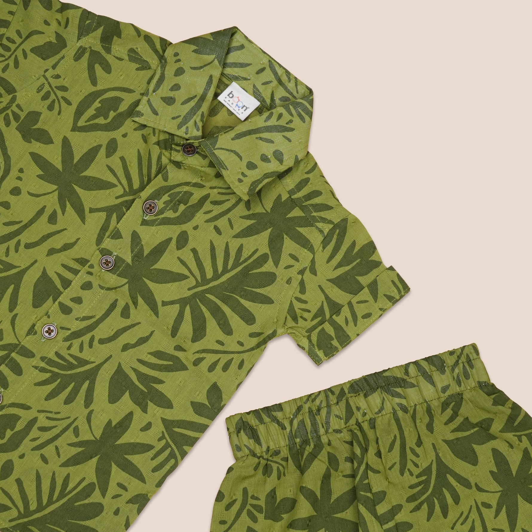 Boys Boon Babies nature vibe leaf print shirt and shorts set with straight collar, featuring green and brown leaf patterns.