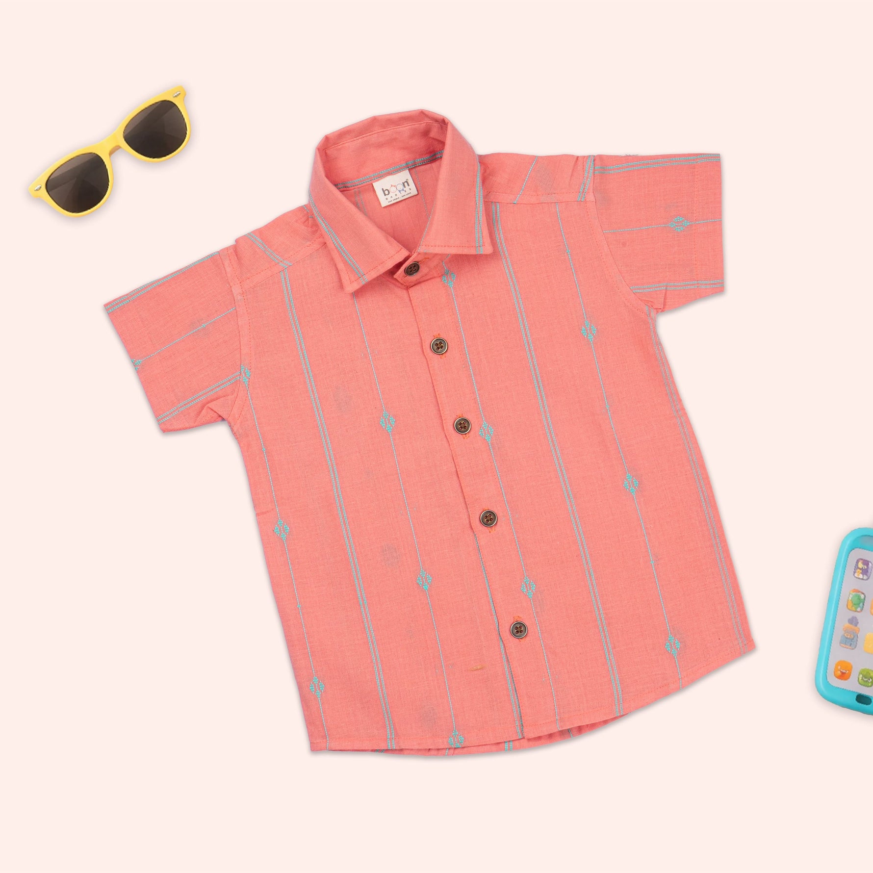 Boys coral handloom cotton printed shirt with straight collar and mint shorts co-ord set by Boon Babies, casual summer outfit for boys.