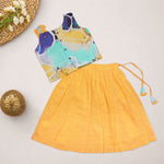 Girls floral printed ethnic top and mustard pleated skirt set by Boon Babies, featuring colorful floral patterns and stylish design.