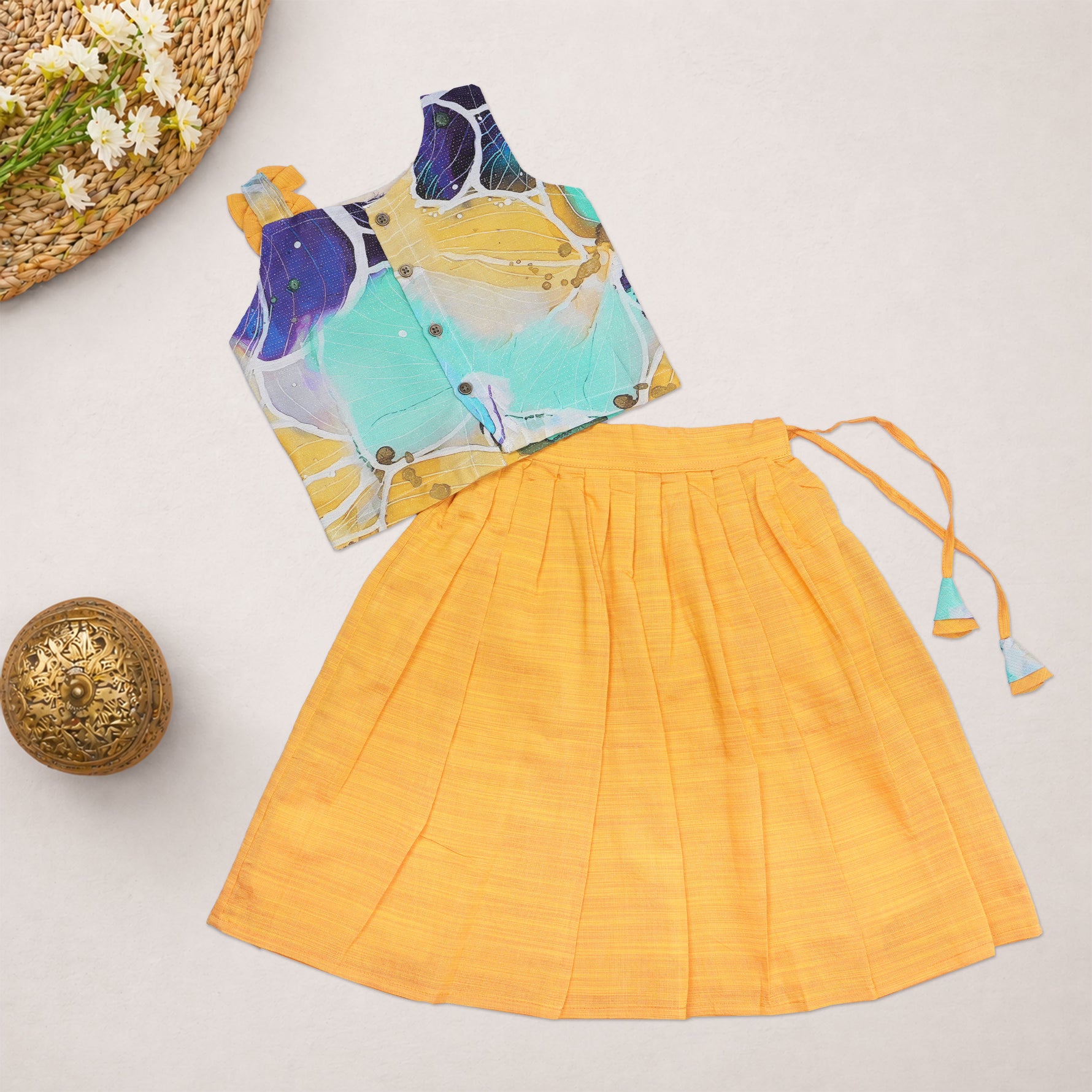 Girls floral printed ethnic top and mustard pleated skirt set by Boon Babies, featuring colorful floral patterns and stylish design.