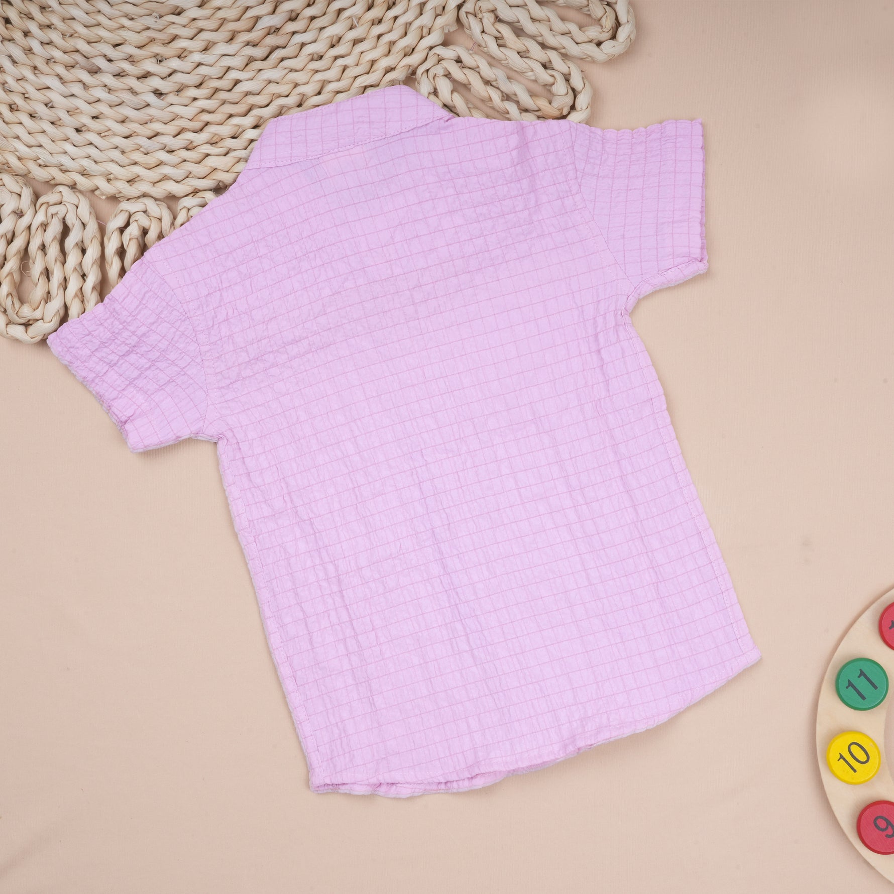 Lightweight solid popcorn shirt for boys by Boon Babies, casual polycotton apparel for ages 6 months to 5 years.