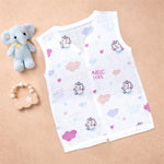 Soft, breathable printed sleeveless muslin jabla for babies 0-12 months, featuring gentle fabric and colorful prints from Boon Babies.