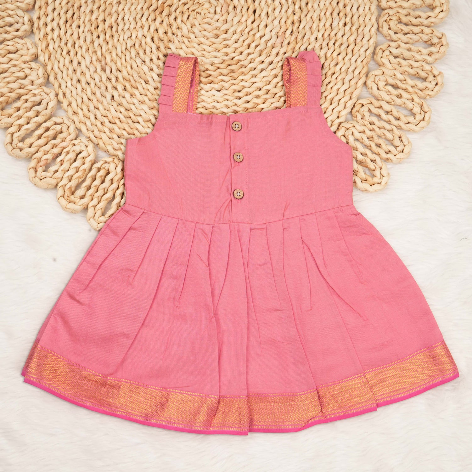 Baby Girl Rose Pink Tissue Silk Mangalagiri Border Frock