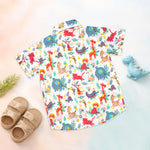 Boon Babies Jaipur cotton jungle animal print shirt and shorts set for summer, featuring a straight collar and vibrant animal designs.