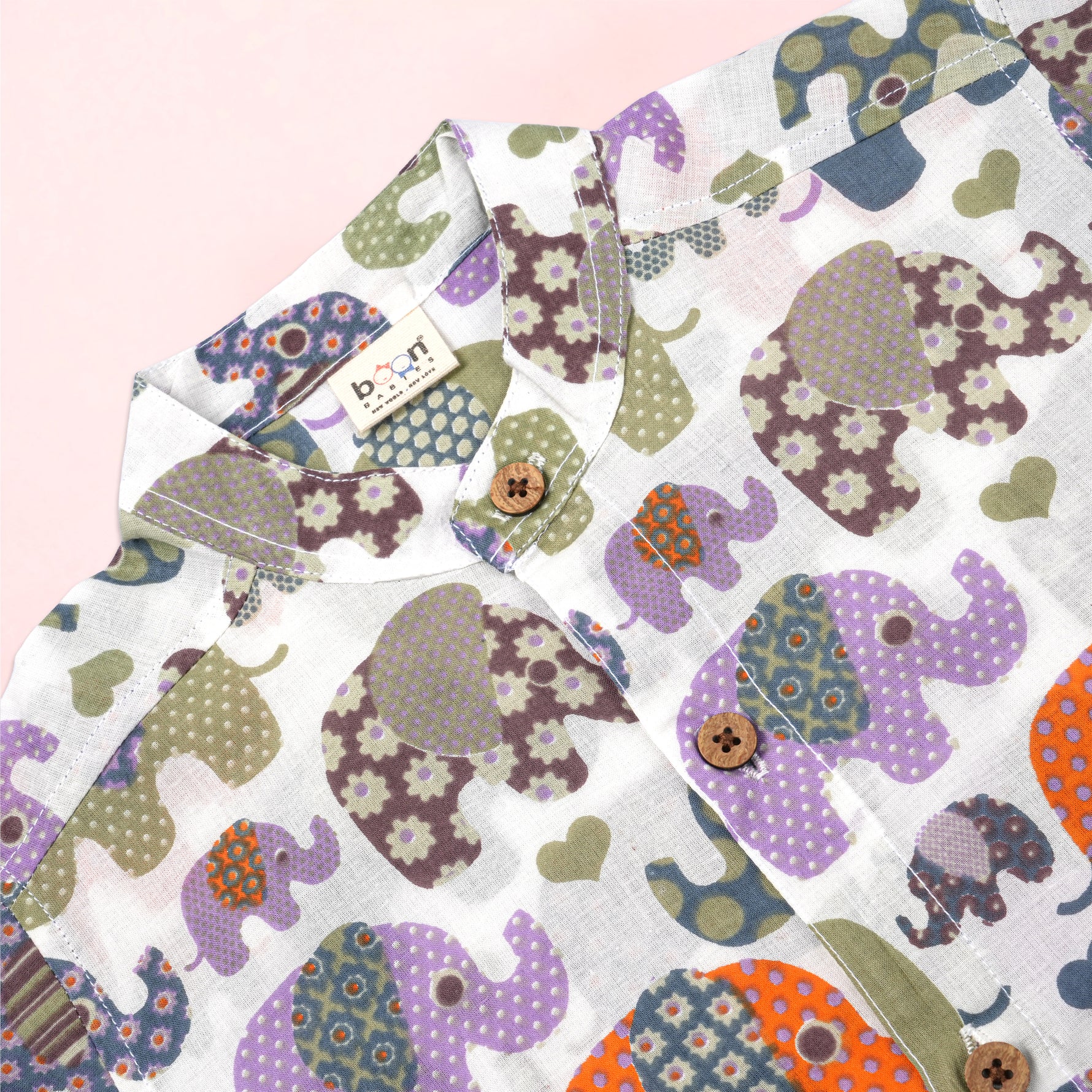Elephant print boys co-ord set from Boon Babies, soft cotton summer shirt with Chinese collar and matching shorts for ages 6 months to 5 years.