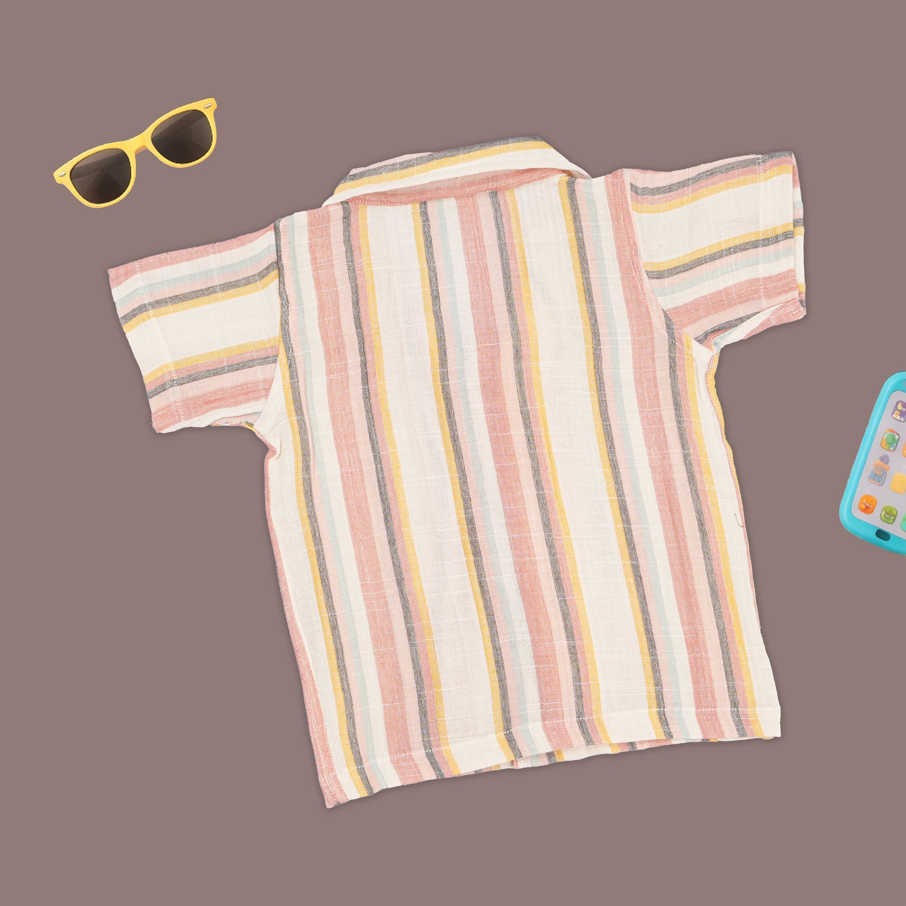 Boys pastel stripe cotton open collar shirt and shorts set by Boon Babies, featuring a printed design and comfortable fit.