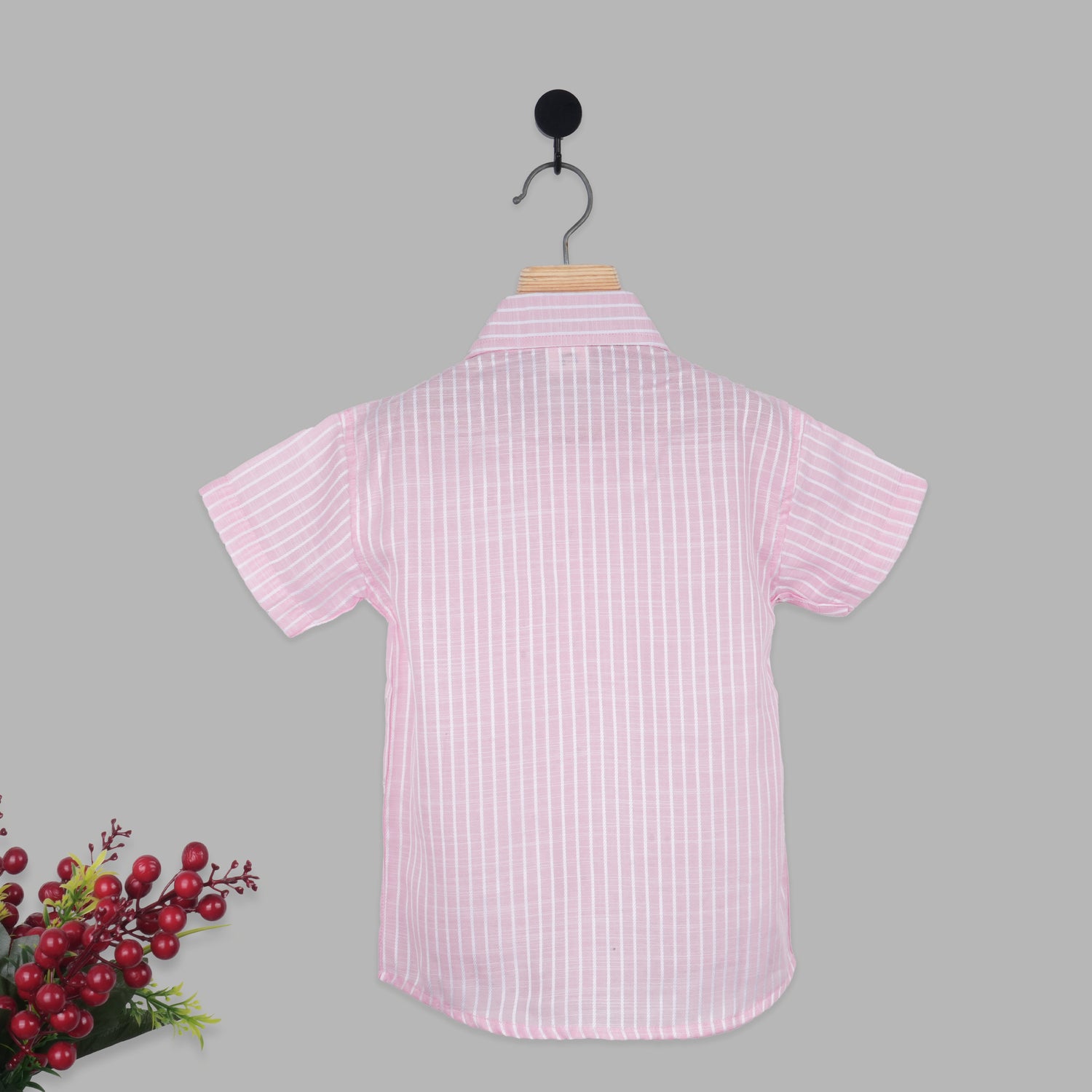 Boys Straight Collar Cotton Shirt – Pink Stripe Casual Style