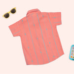 Boys coral handloom cotton printed straight collar shirt and mint shorts co-ord set by Boon Babies, casual summer outfit for kids.