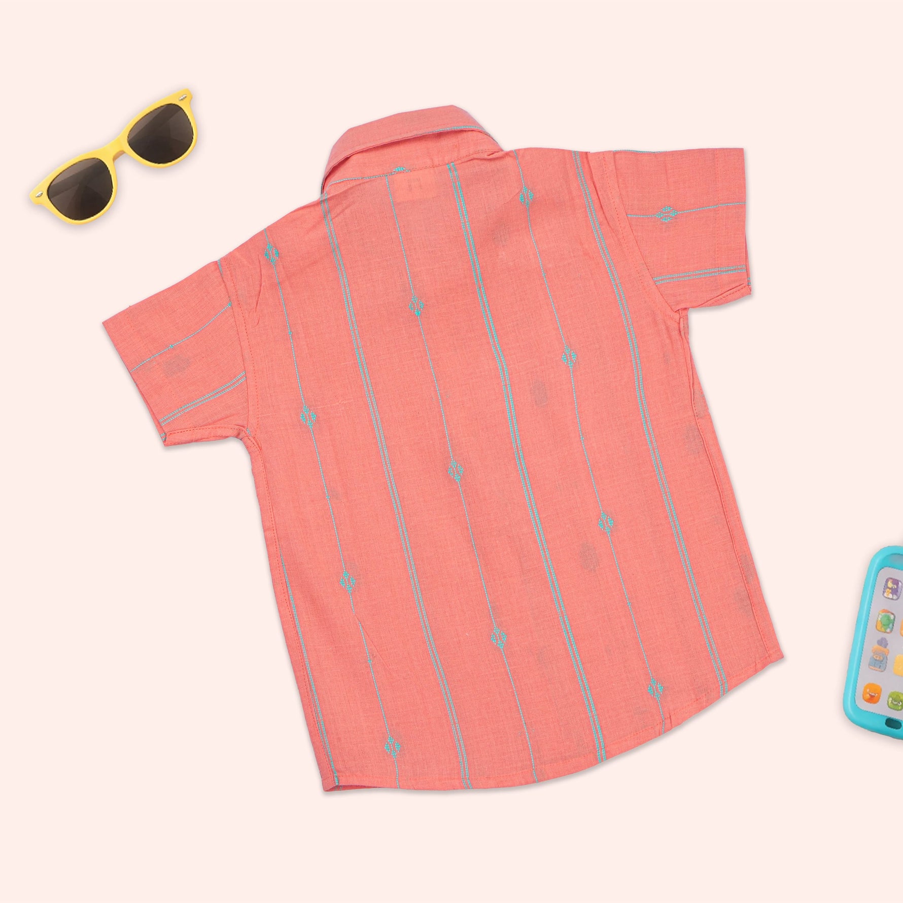 Boys coral handloom cotton printed straight collar shirt and mint shorts co-ord set by Boon Babies, casual summer outfit for kids.