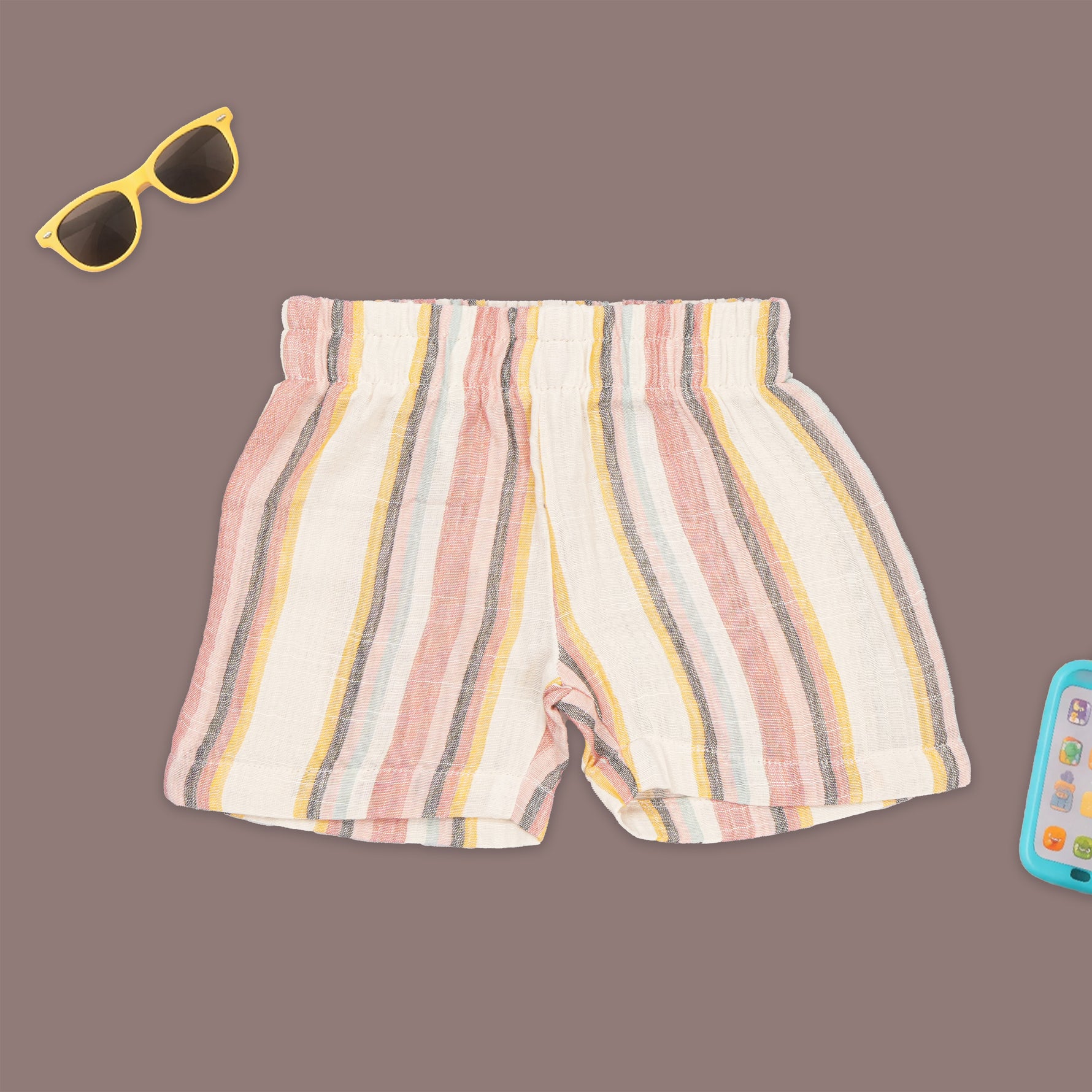 Boys pastel stripe cotton open collar shirt and matching shorts set by Boon Babies, featuring a printed design and comfortable fit.