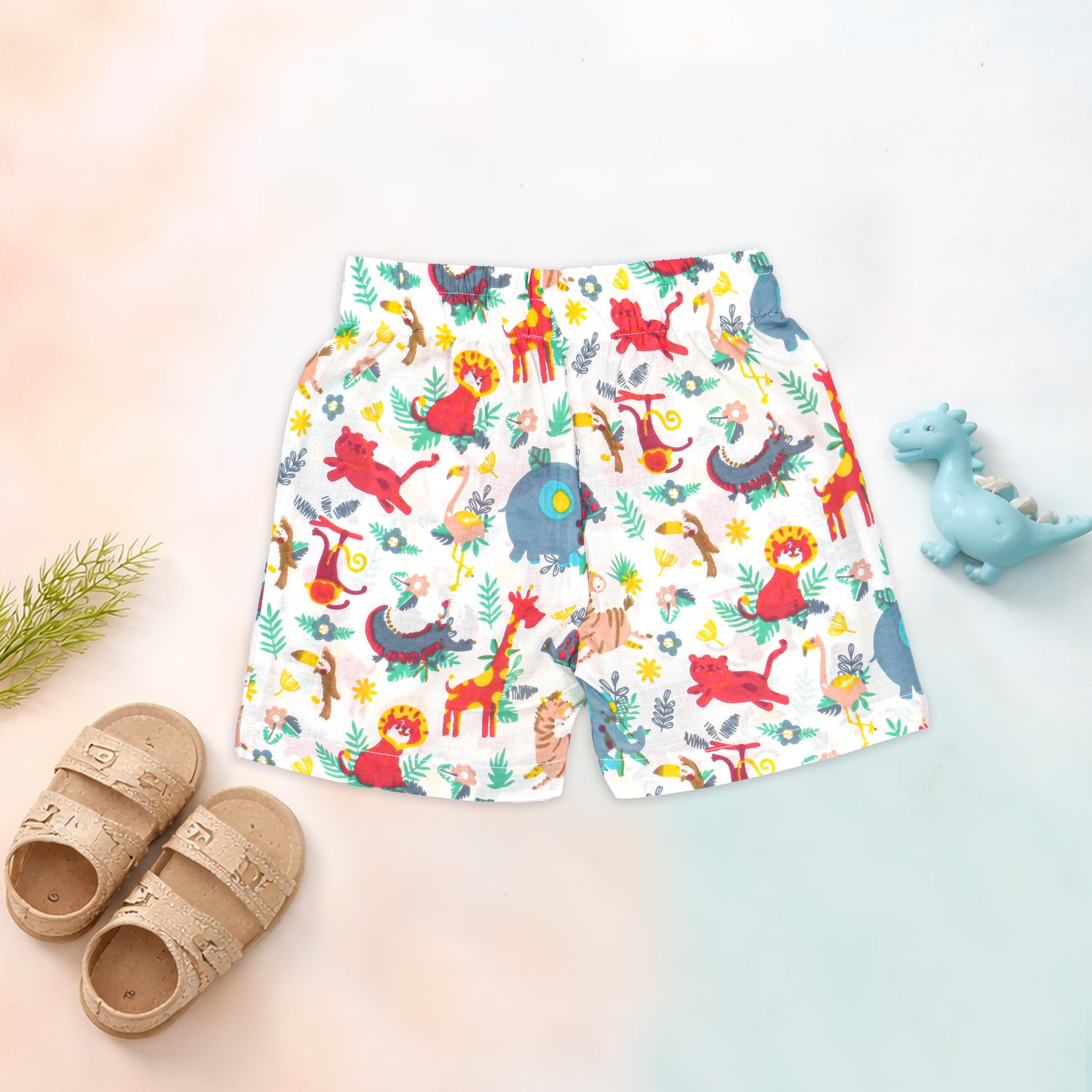 Boon Babies Jaipur cotton jungle animal print shirt and shorts set for kids, featuring a straight collar and summer-friendly design.