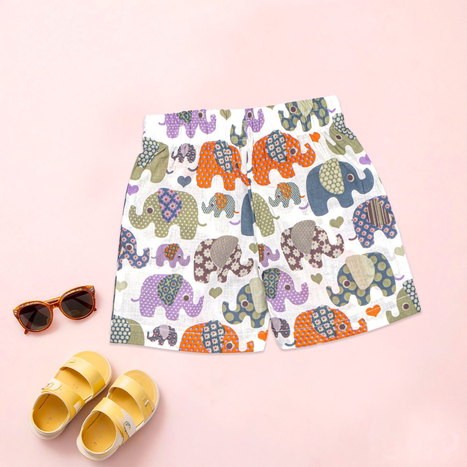 Elephant print boys co-ord set by Boon Babies featuring a printed shirt with Chinese collar and matching shorts in soft cotton.