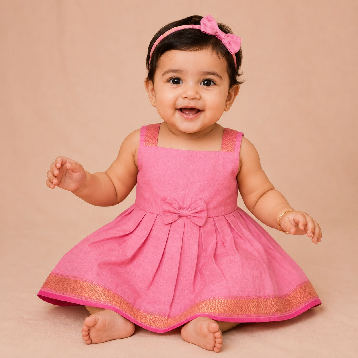 Baby Girl Rose Pink Tissue Silk Mangalagiri Border Frock