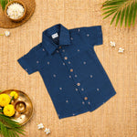 Classic navy blue handloom silk cotton shirt with optional dhoti—an elegant festive outfit for boys.