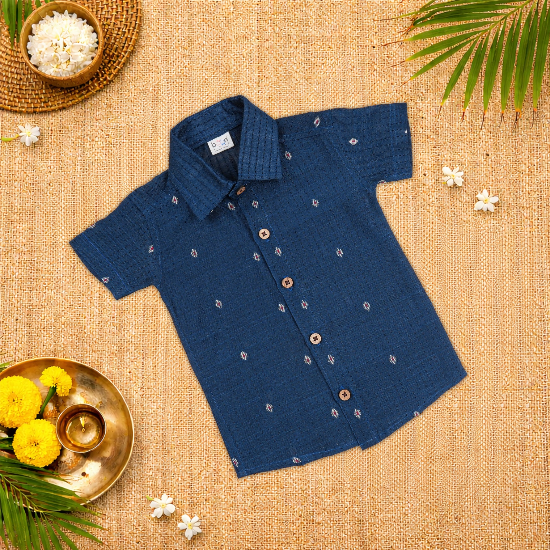 Classic navy blue handloom silk cotton shirt with optional dhoti—an elegant festive outfit for boys.