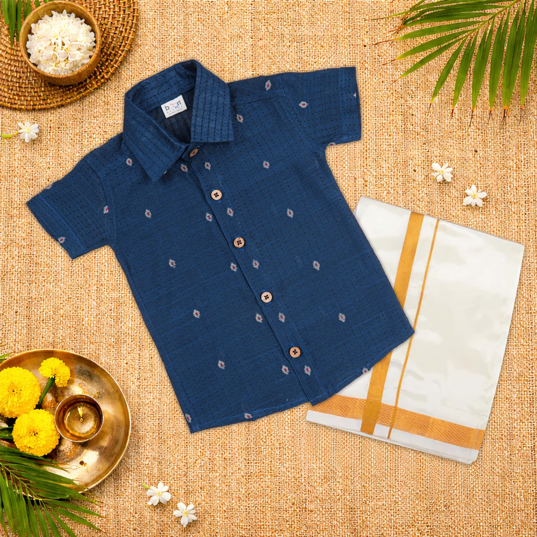Classic navy blue handloom silk cotton shirt with optional dhoti—an elegant festive outfit for boys.