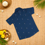 Classic navy blue handloom silk cotton shirt with optional dhoti—an elegant festive outfit for boys.