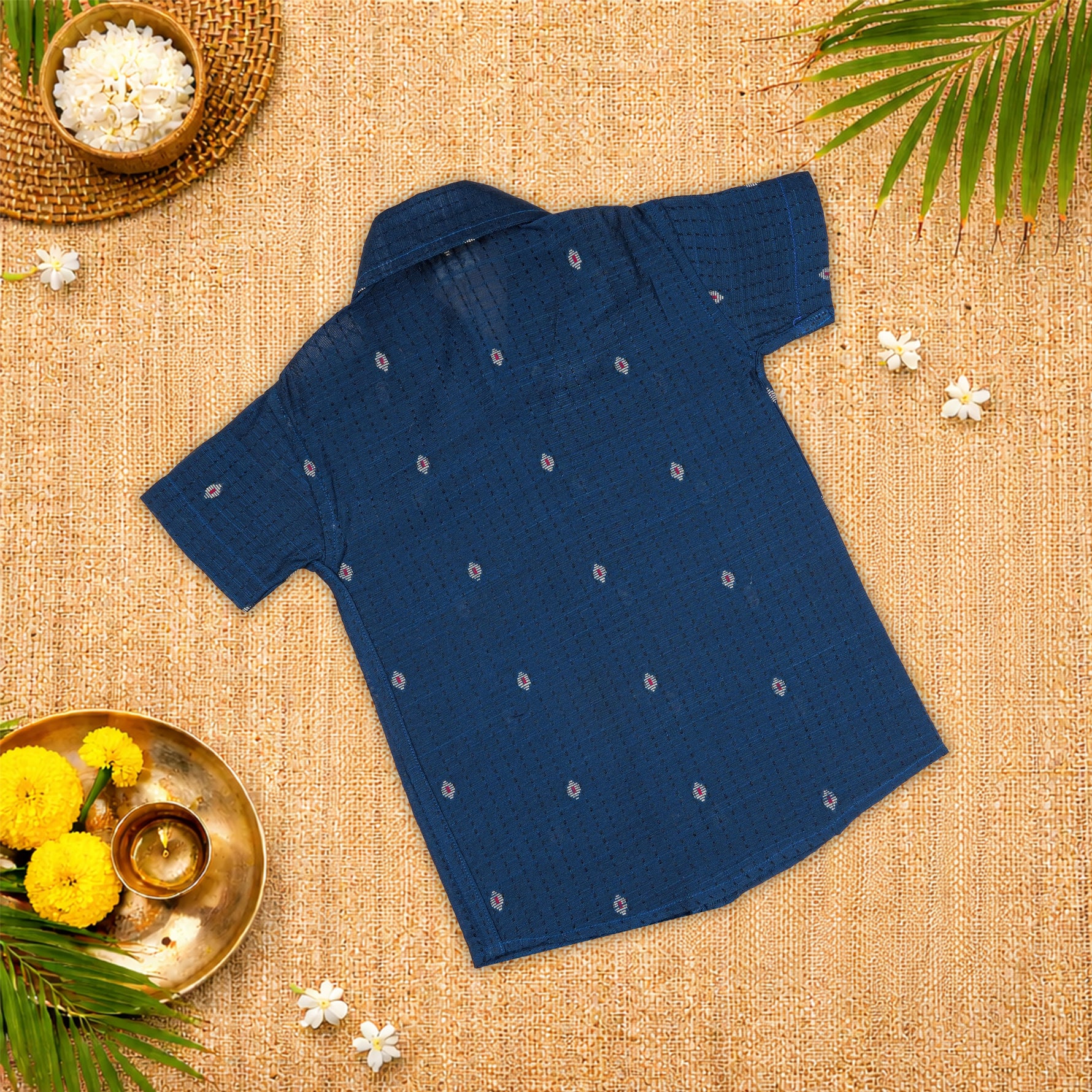 Classic navy blue handloom silk cotton shirt with optional dhoti—an elegant festive outfit for boys.