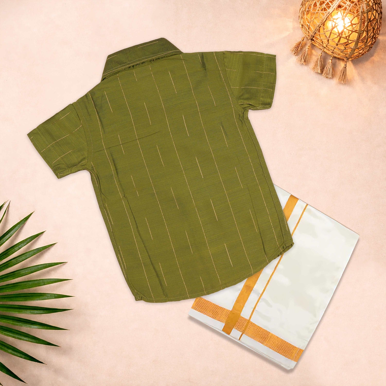 Boys green checkered silk shirt with white dhoti set – festive ethnic wear by Boon Babies Coimbatore