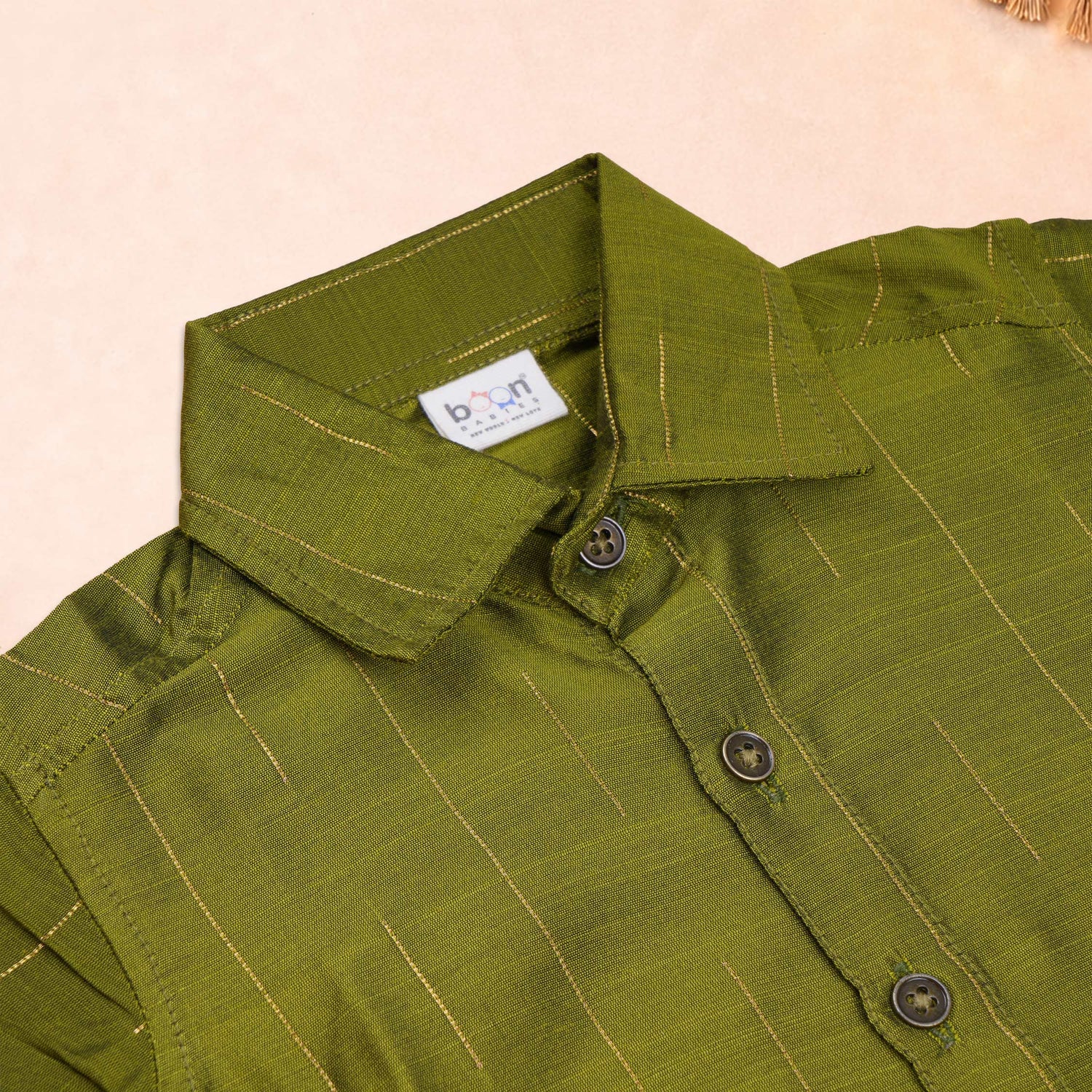 Boys green checkered silk shirt with white dhoti set – festive ethnic wear by Boon Babies Coimbatore