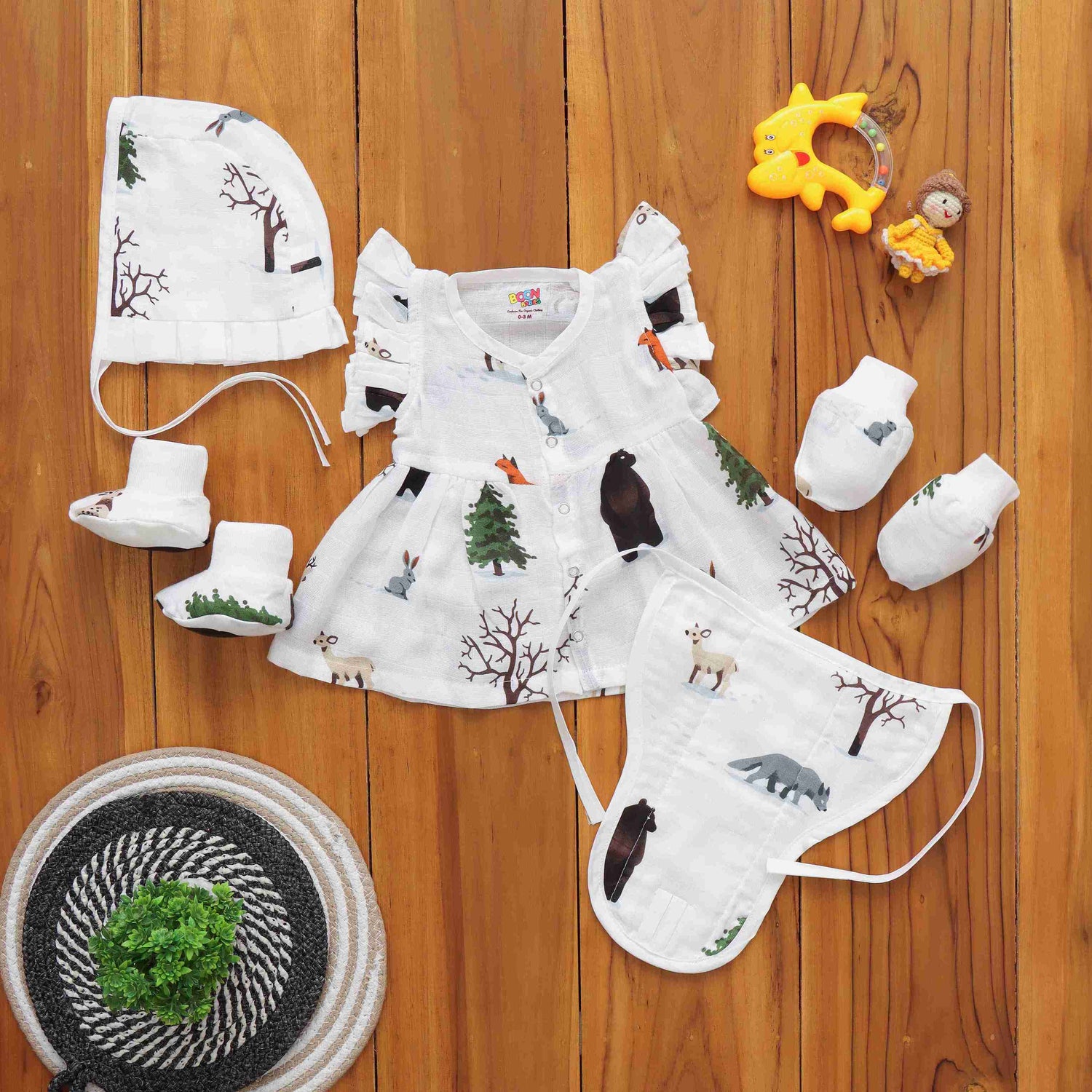 Playful Prints Set: Baby Frock with Matching Underwear and Cap