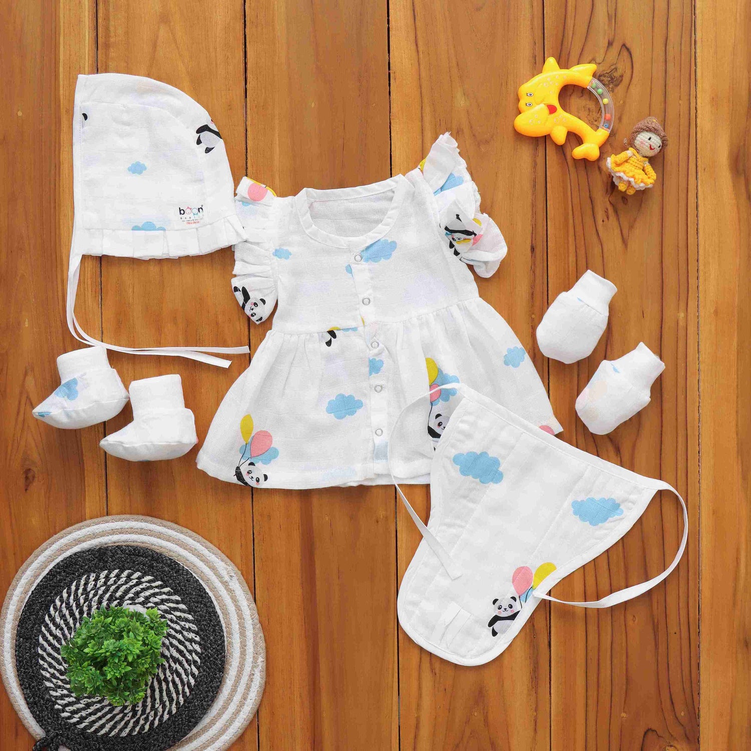 Playful Prints Set: Baby Frock with Matching Underwear and Cap