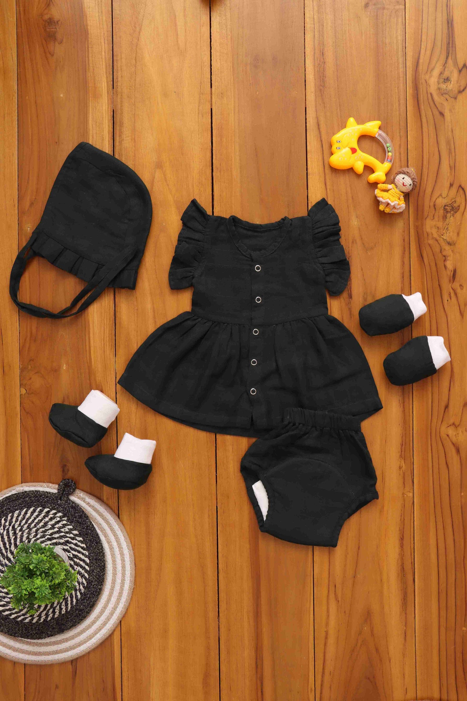 Perfect Trio Set: Solid Color Baby Frock with Matching Underwear and Capset